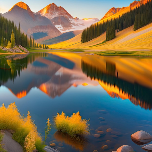 Beautiful morning panorama Mountains reflected in lake at sunny day