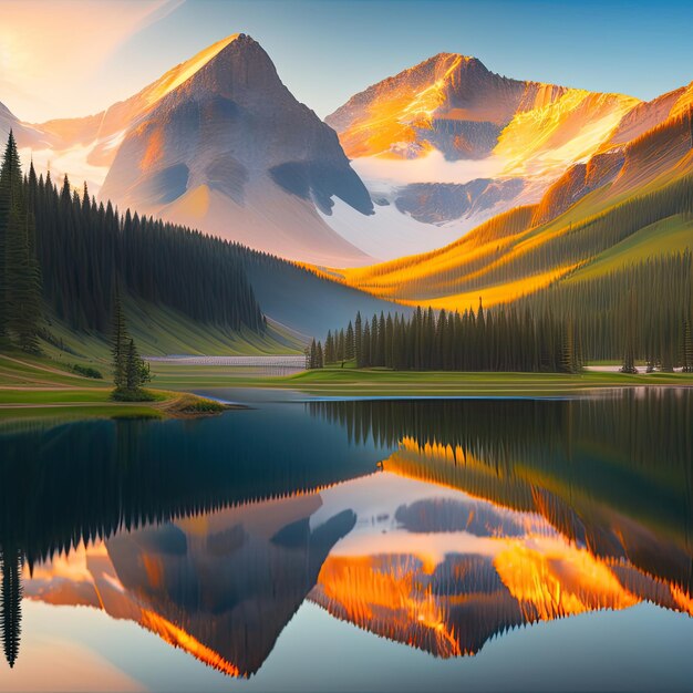 Beautiful morning panorama Mountains reflected in lake at sunny day