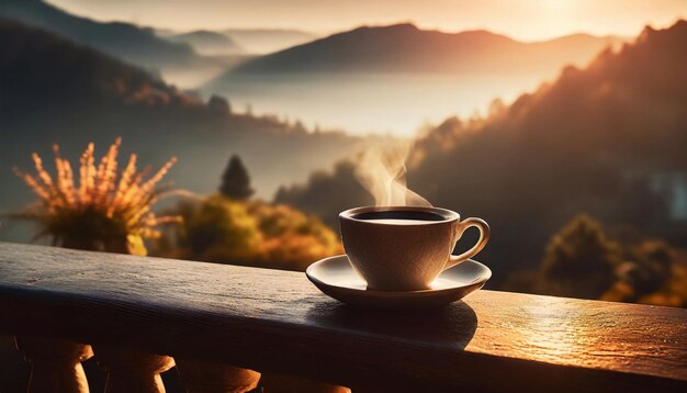 Beautiful morning start day with cup of coffee and relax on the veranda in the summer sunrise