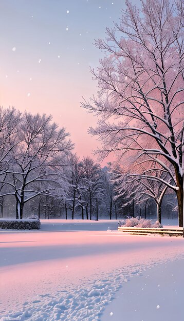 Beautiful morning winter landscape with snowcovered park snowdrifts cold pink skies and falling