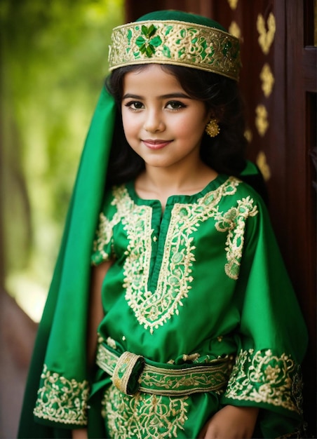 Photo beautiful morrocan little girl wearing traditional morrocan kaftan fez style of henna embroidery