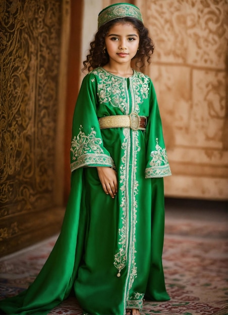 Photo beautiful morrocan little girl wearing traditional morrocan kaftan fez style of henna embroidery