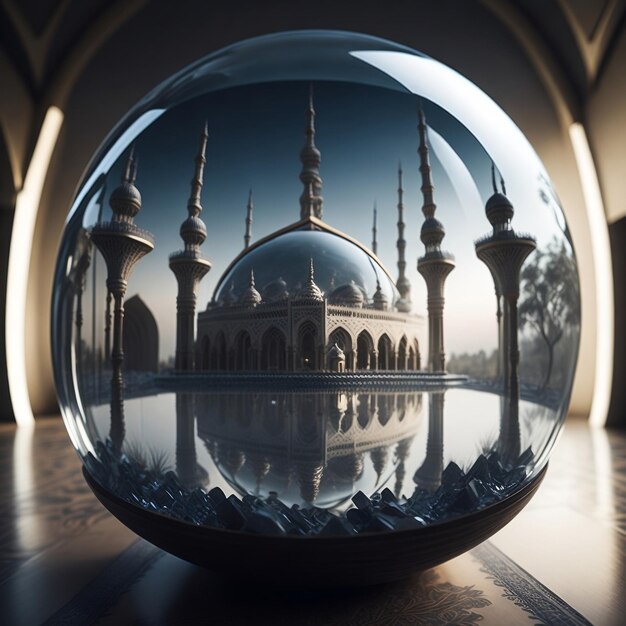 Beautiful mosque background inside a clear glass crystal ball