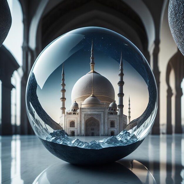 Beautiful mosque background inside a clear glass crystal ball