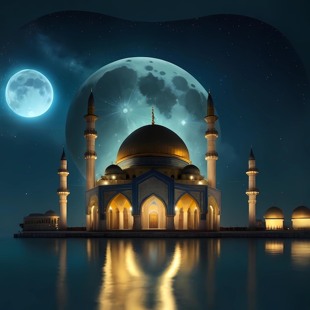 Foto bellissimo sfondo di moschea con stagno e sfondo di galassia