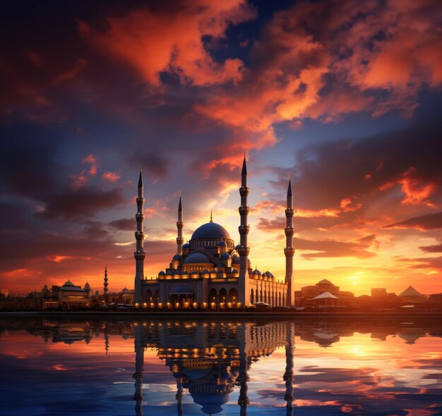 Beautiful Mosque Background with sunset atmosphere