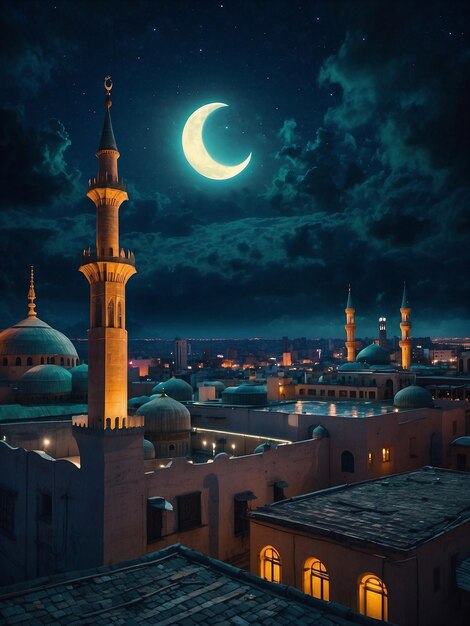 Photo beautiful mosque and crescent moon