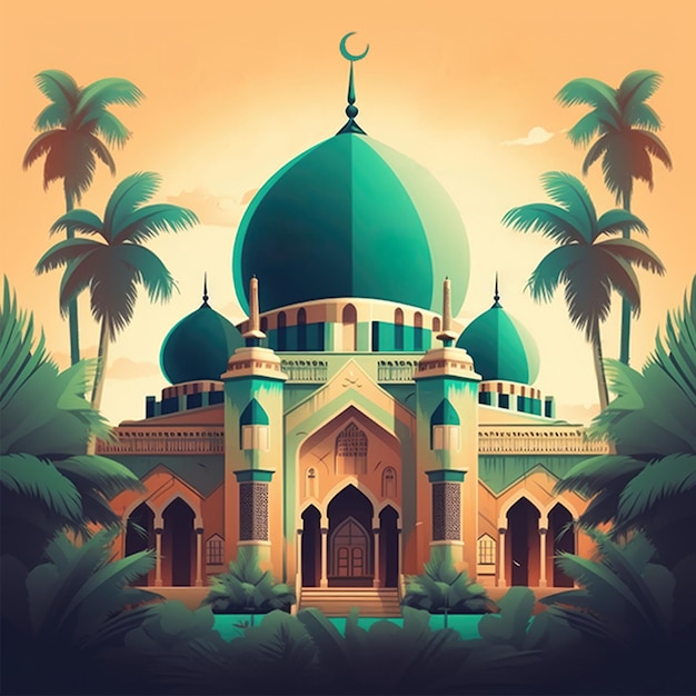 Beautiful Mosque Illustration and Nature Landscape on Background Eid Mubarak Concept Generative AI