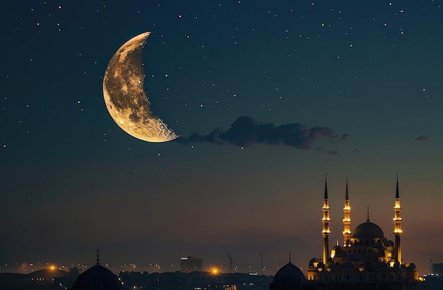 Foto bella moschea in una città islamica di notte con una grande luna e un bel cielo