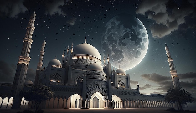 Beautiful mosque landscape and halfmoon for islamic background poster illustration