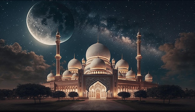 Beautiful mosque landscape at the night and halfmoon for islamic background poster illustration