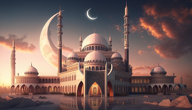 Beautiful mosque landscape during sunset and halfmoon for islamic background poster illustration