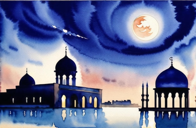 Beautiful Mosque Night Background for Ramadan Kareem Eid Mubarak Muslim Festival of Ramzan Watercolor Islamic Concept Banner of Masjid Islamic architecture Generative AI