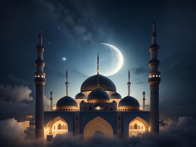 Foto bella moschea di notte per la decorazione di ramadan eid al fitr eid al adha muharram