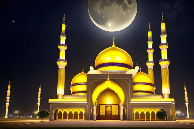 美しいモスク 夜の時間 背景 ラマダン カリーム イード ムバラク イスラム建築 ジェネレーティブ AI