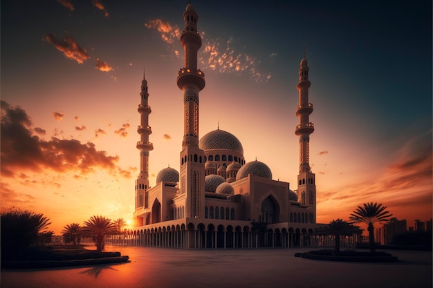 beautiful mosque photos sunset sunny landscape, creative ai