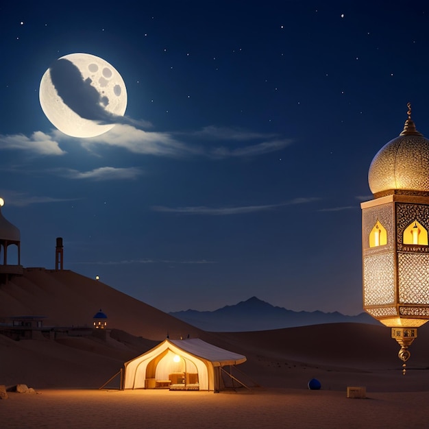 beautiful mosque picture in desert ramadan moon night