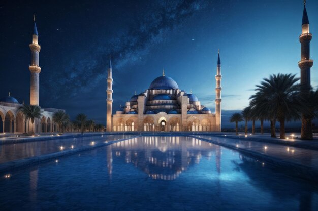 Beautiful mosque serene night at the blue sky background