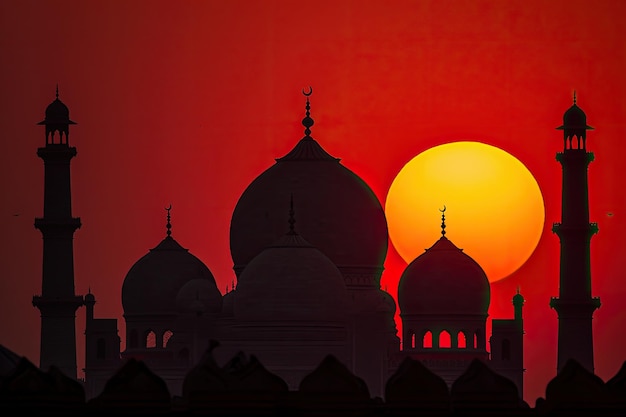 A beautiful mosque silhouette against a setting sun