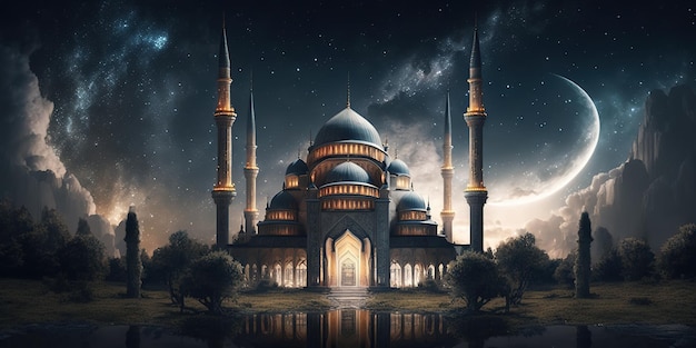 beautiful mosque behind starry night