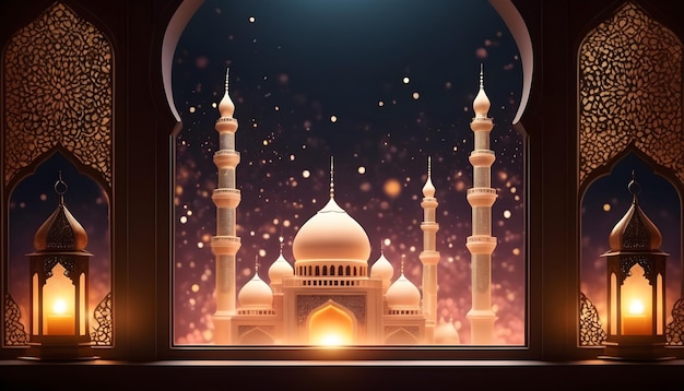 Beautiful mosque view background from window Islamic banner background