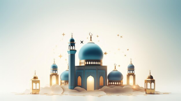 Beautiful mosque on white background Ramadan Kareem Design and Eid Mubarak Background generative AI