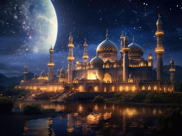 映画のような月を持つ美しいモスクは、イスラムのイベントに最適な背景です