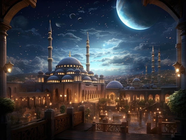 A Beautiful Mosque with Cinematic moon best background for islamic events