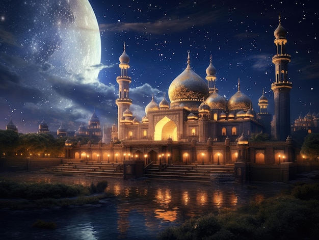 A Beautiful Mosque with Cinematic moon best background for islamic events