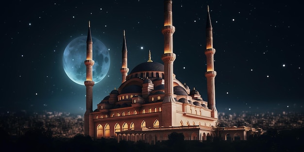 beautiful mosque with glowing lights at night behind starry night sky ramadan kareem background