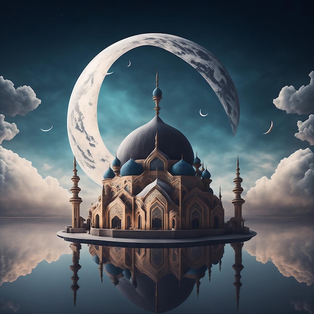 Beautiful Mosque with moon islamic background Generative AI