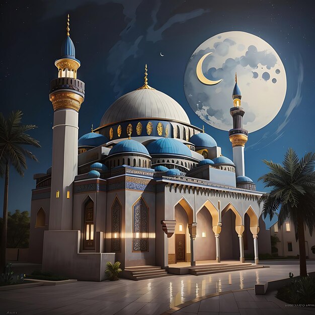 a beautiful mosque with moon night