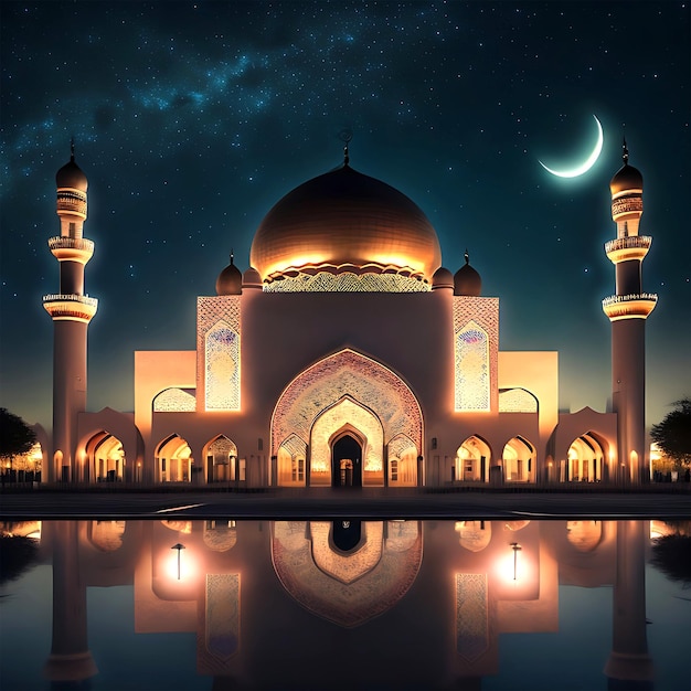 The beautiful mosque with a night view in the moon