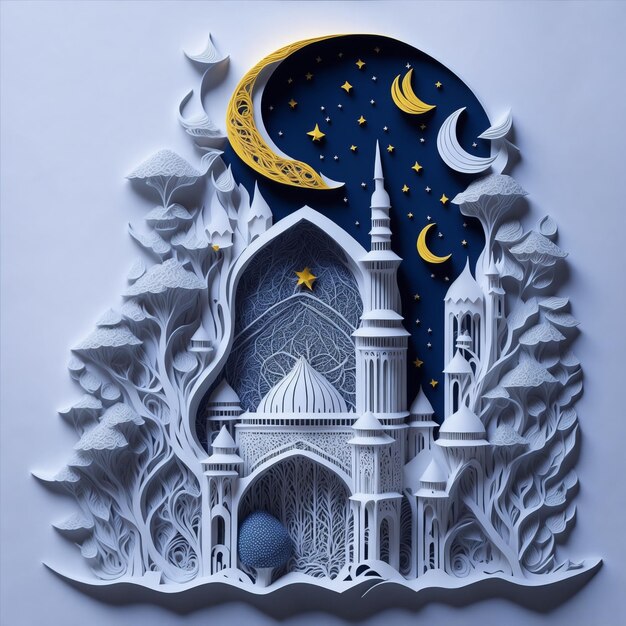 Photo beautiful mosque with papercut style