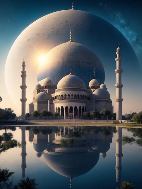 A beautiful mosque with a planet in the background