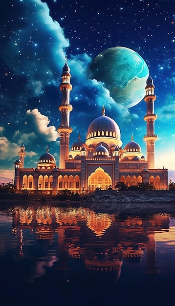 A beautiful mosque with a planet in the background.