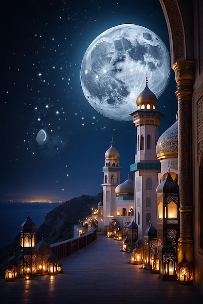 beautiful mosques and the full moon in the sky with lanterns