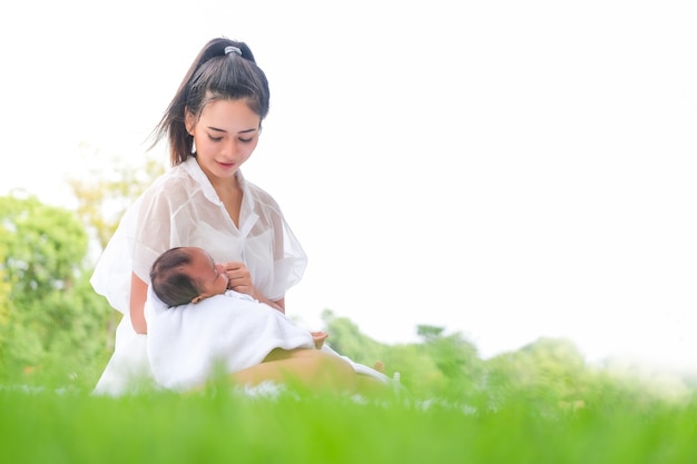 Beautiful mother and baby in an Asian park