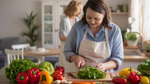 Beautiful mother in a blue shirt and apron is preparing a fresh vegetable salad at home