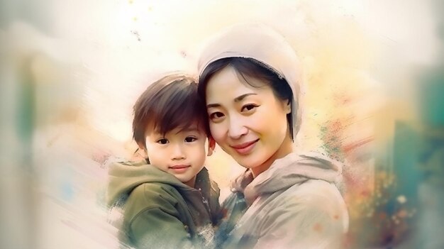 A beautiful mother and children illustration