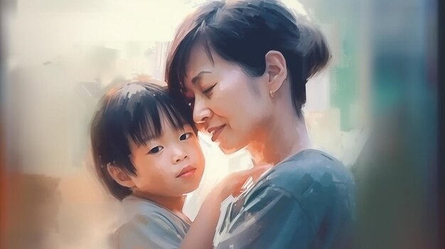 A beautiful mother and children illustration