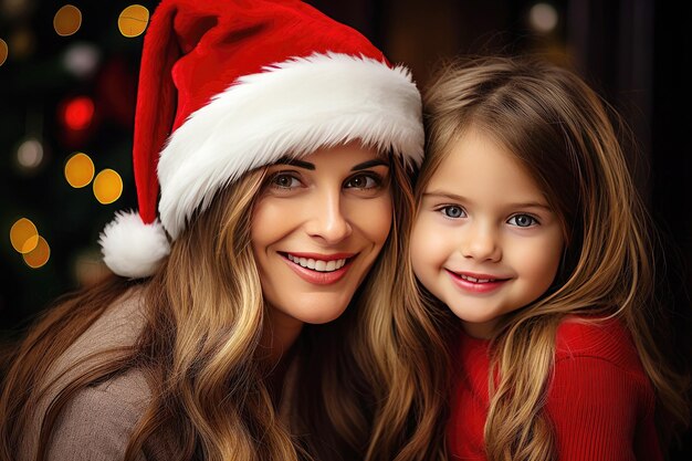 Beautiful mother and daughter celebrating Christmas New Year's atmosphere