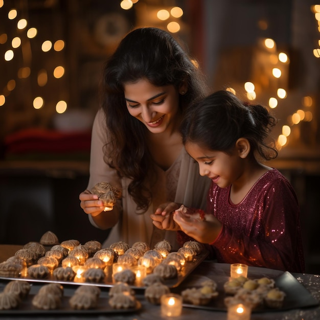 A beautiful mother and daughter picking a laddo