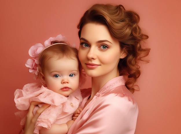 Beautiful mother holding little daughter on a pink background