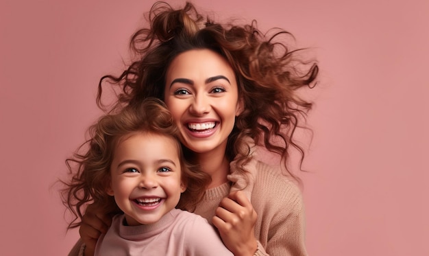 Beautiful mother holding little daughter on a pink background