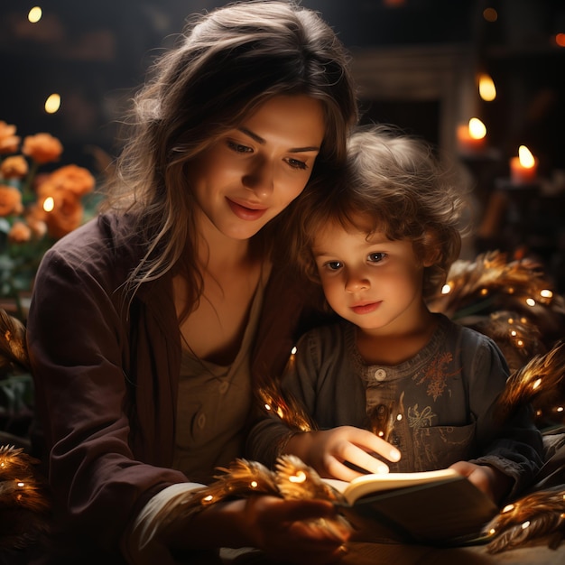 Foto bella madre e figlio stanno leggendo un libro a letto a casa