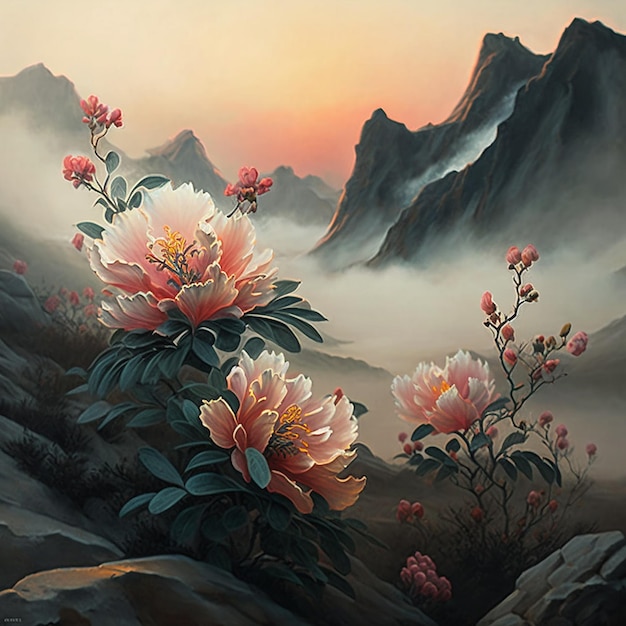 Beautiful mountain flowers plants reservoir painting images Generative AI