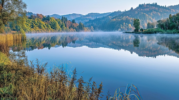 beautiful mountain lake in fall HD 8K wallpaper Stock Photographic Image