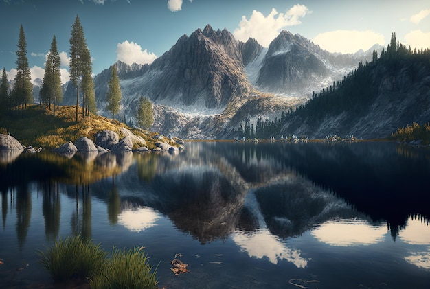 Beautiful mountain and lake generative ai