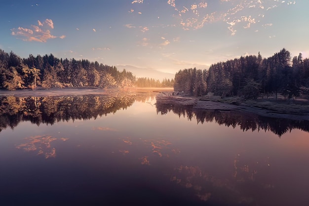 美しい山の湖の夕日 ジェネレーティブ AI